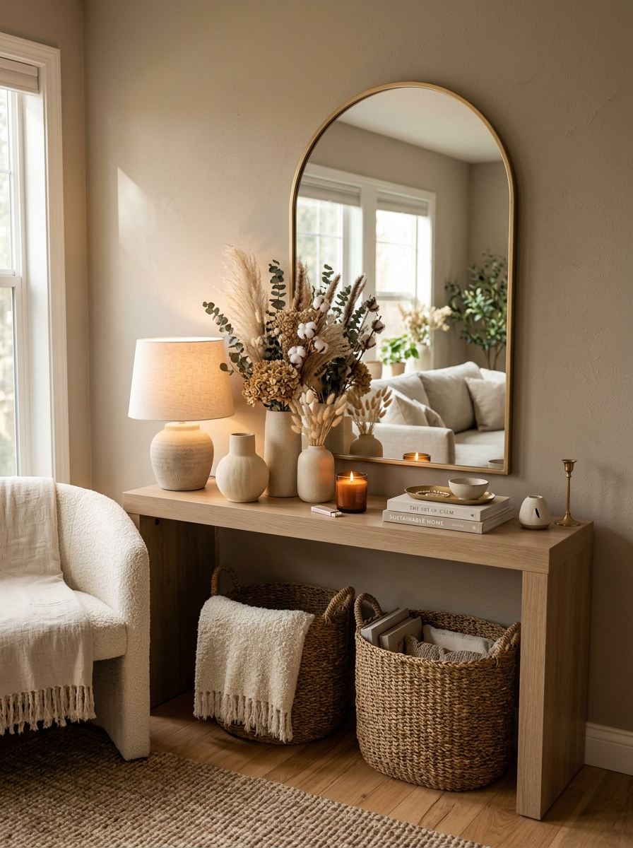 Romantic Neutral Console Table with Layered Textures