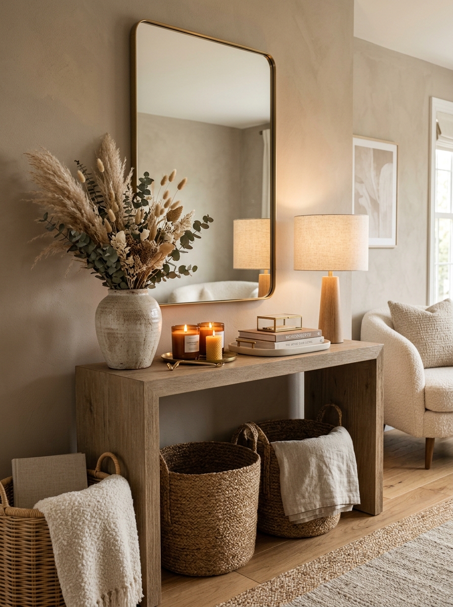Romantic Neutral Console Table with Layered Textures