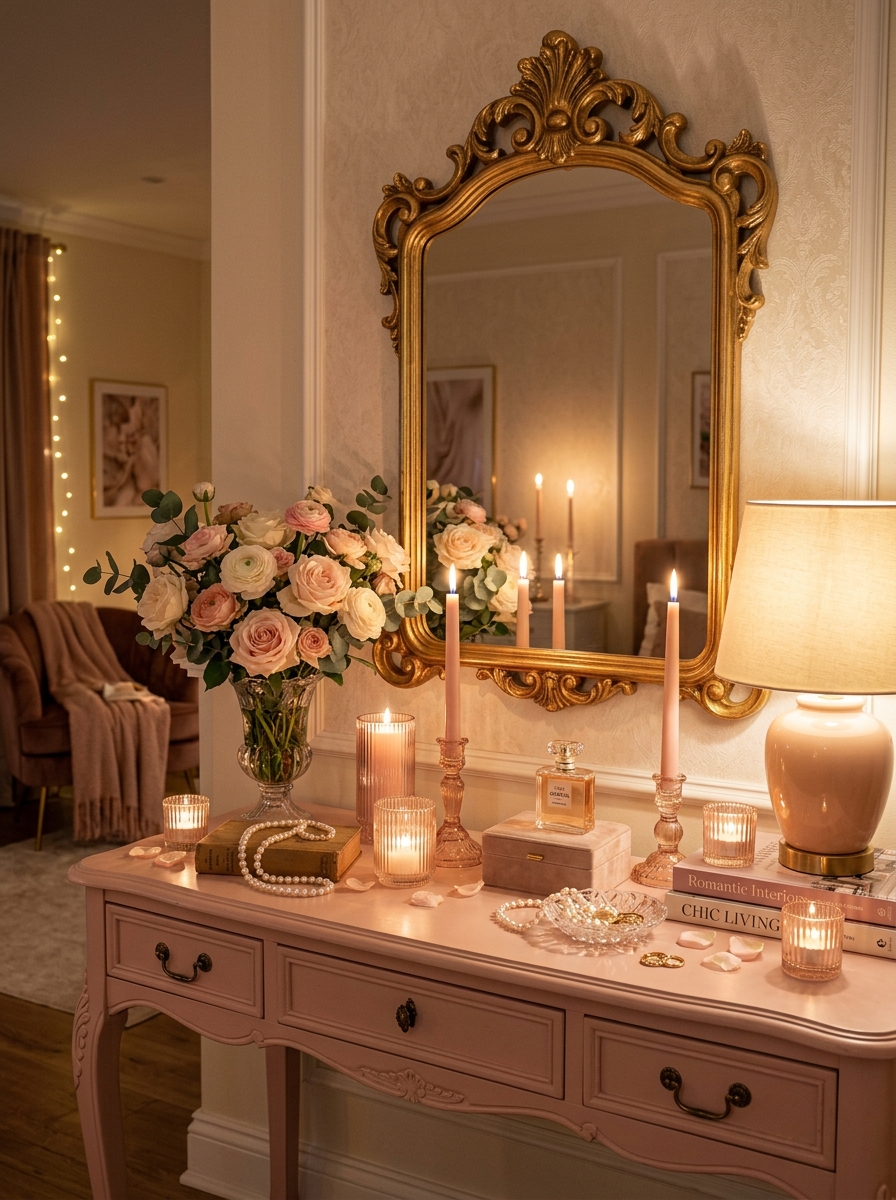 Ultra-Feminine Pink Console Table with Layered Candle Glow
