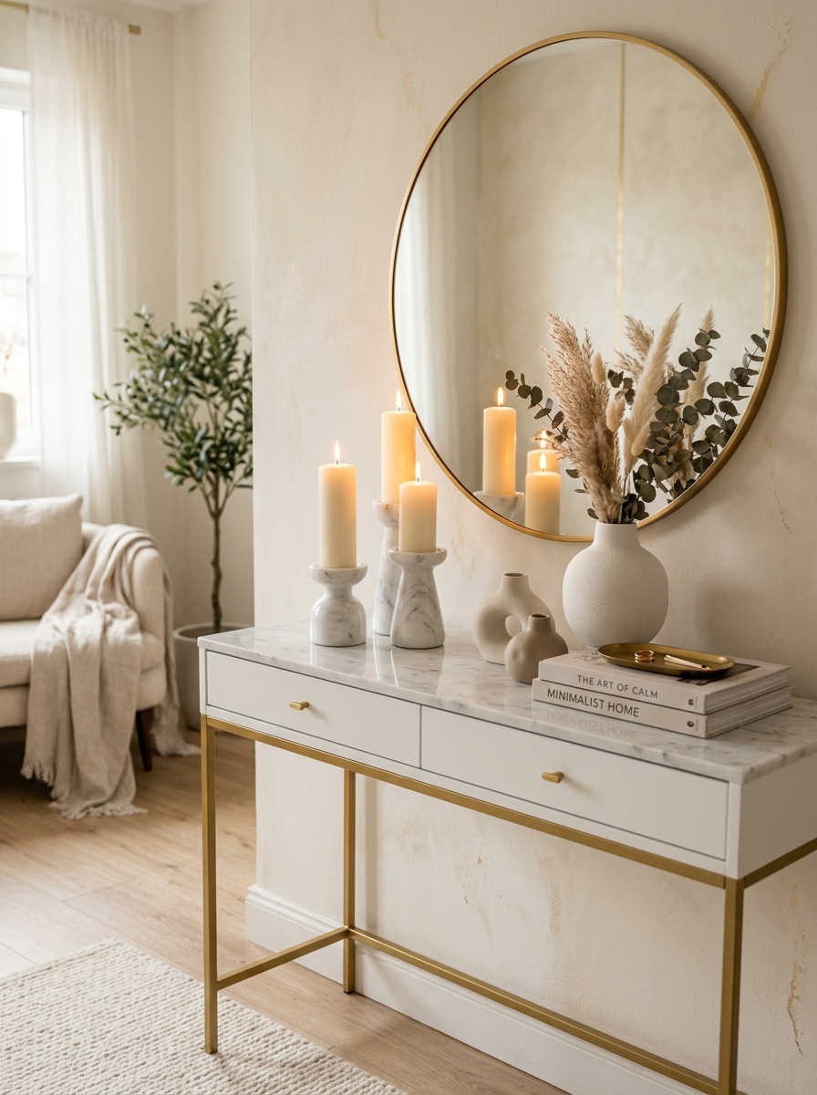 Minimalist White and Gold Console Table with Soft Candle Glow