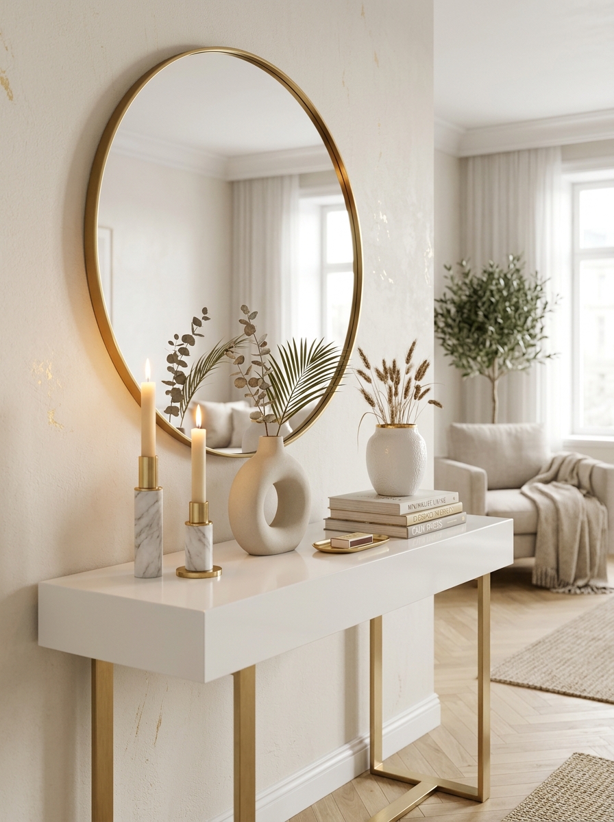 Minimalist White and Gold Console Table with Soft Candle Glow
