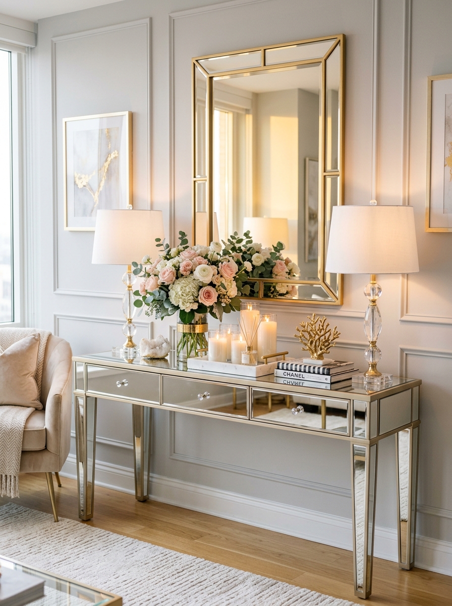 Glam Mirror Console Table with Luxe Gold Accents