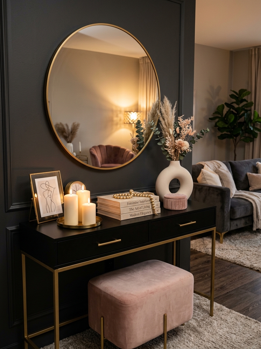 Modern Feminine Console Table with Black and Gold Contrast
