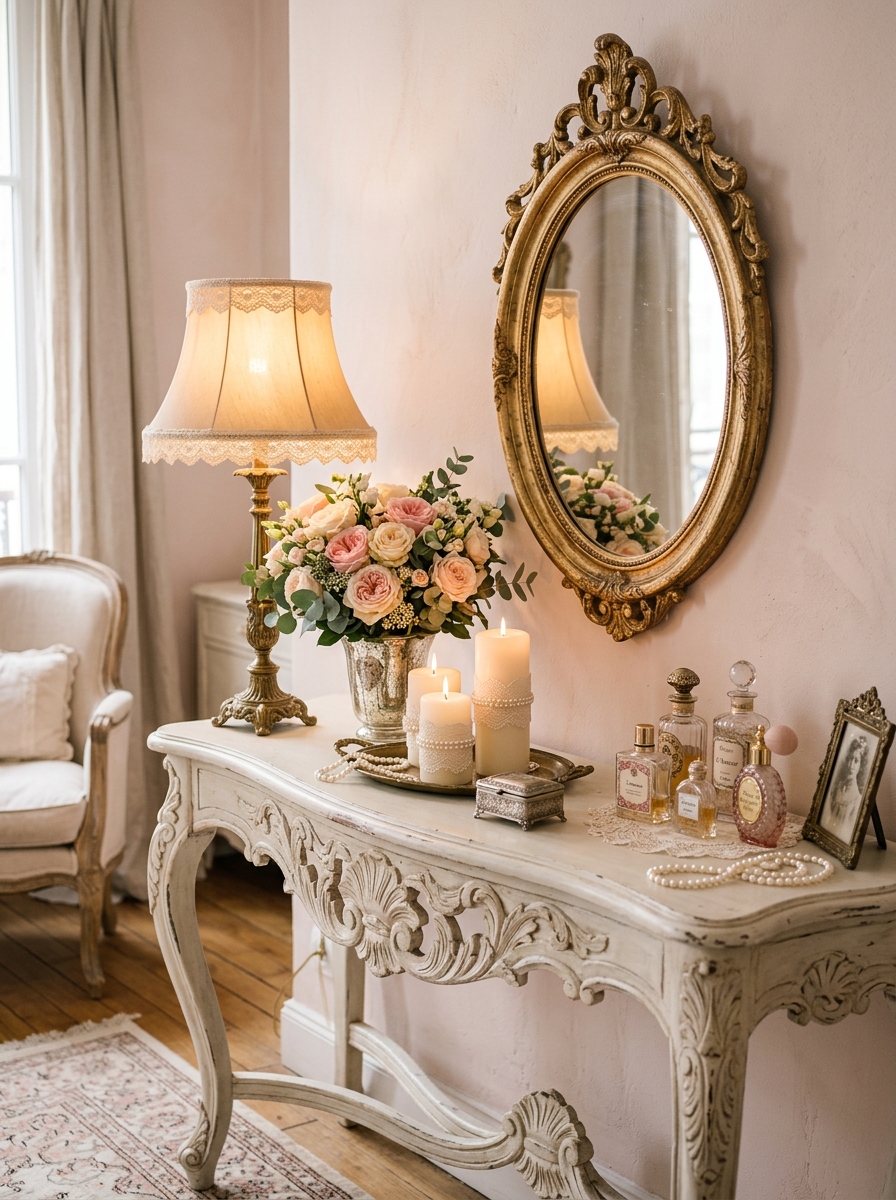 Romantic Vintage Console Corner with Soft Floral Styling