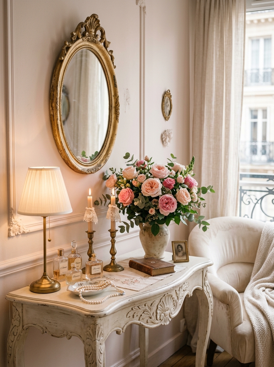 Romantic Vintage Console Corner with Soft Floral Styling