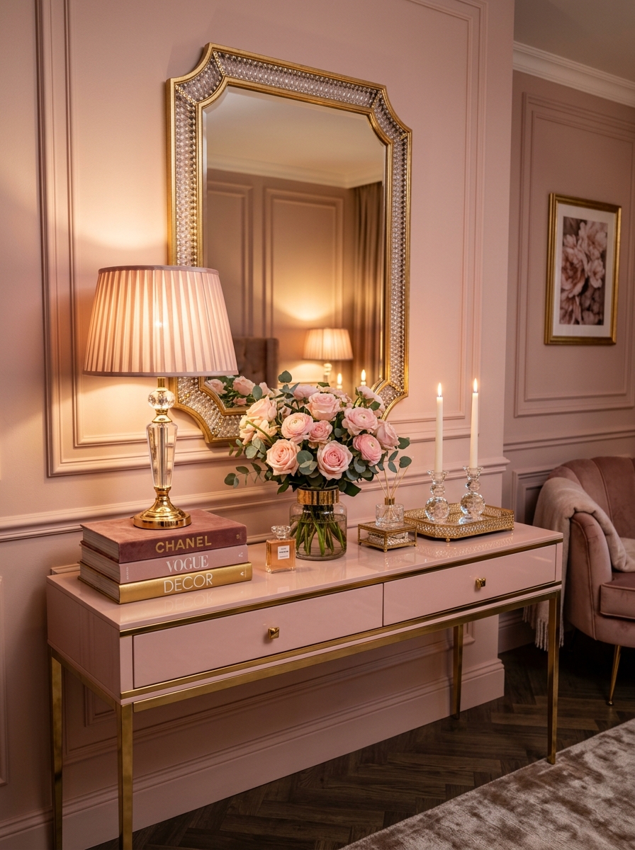 Feminine Glam Console Table with Crystal and Velvet Details