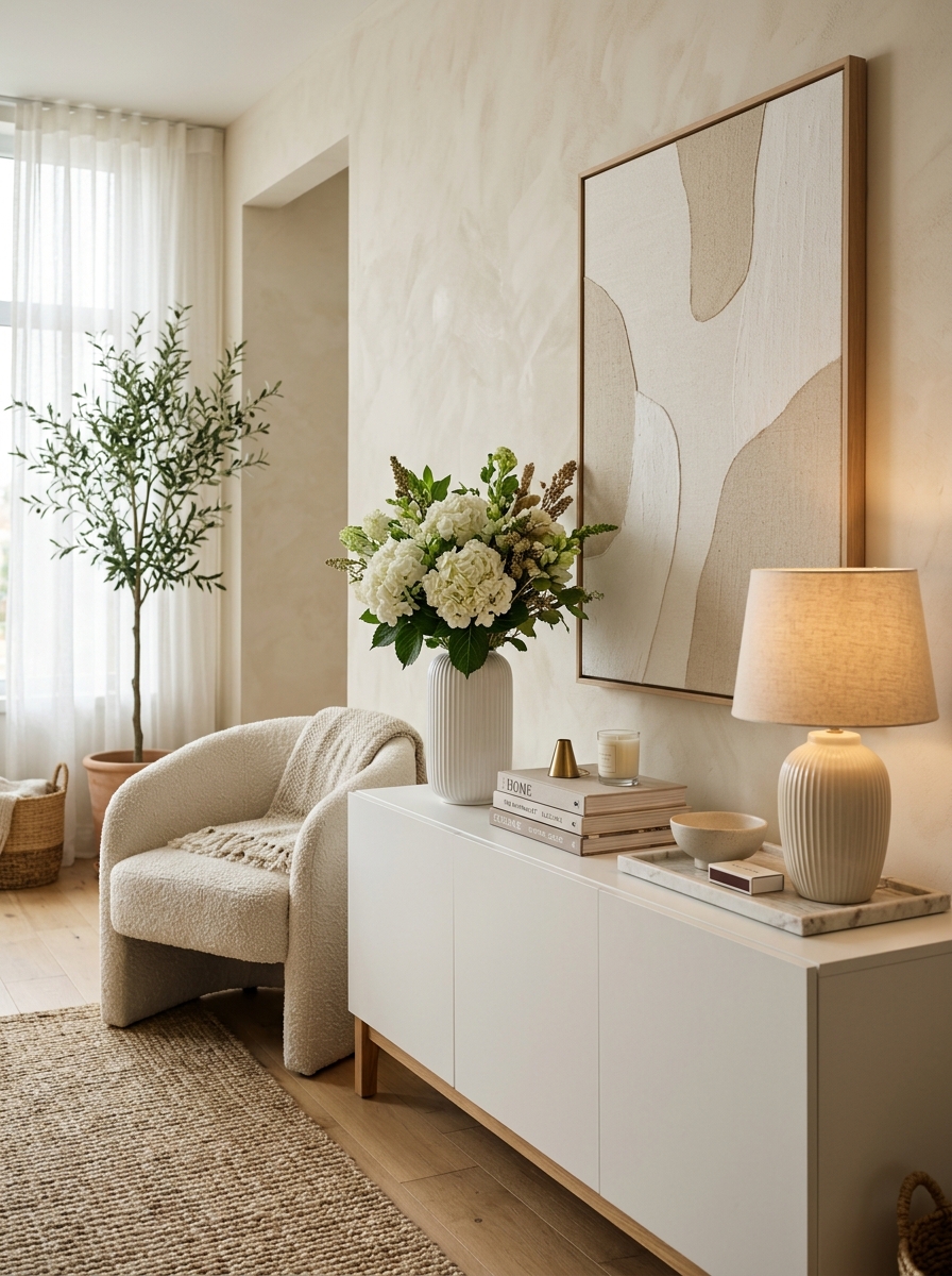 Elegant White Console Table with Layered Neutral Decor