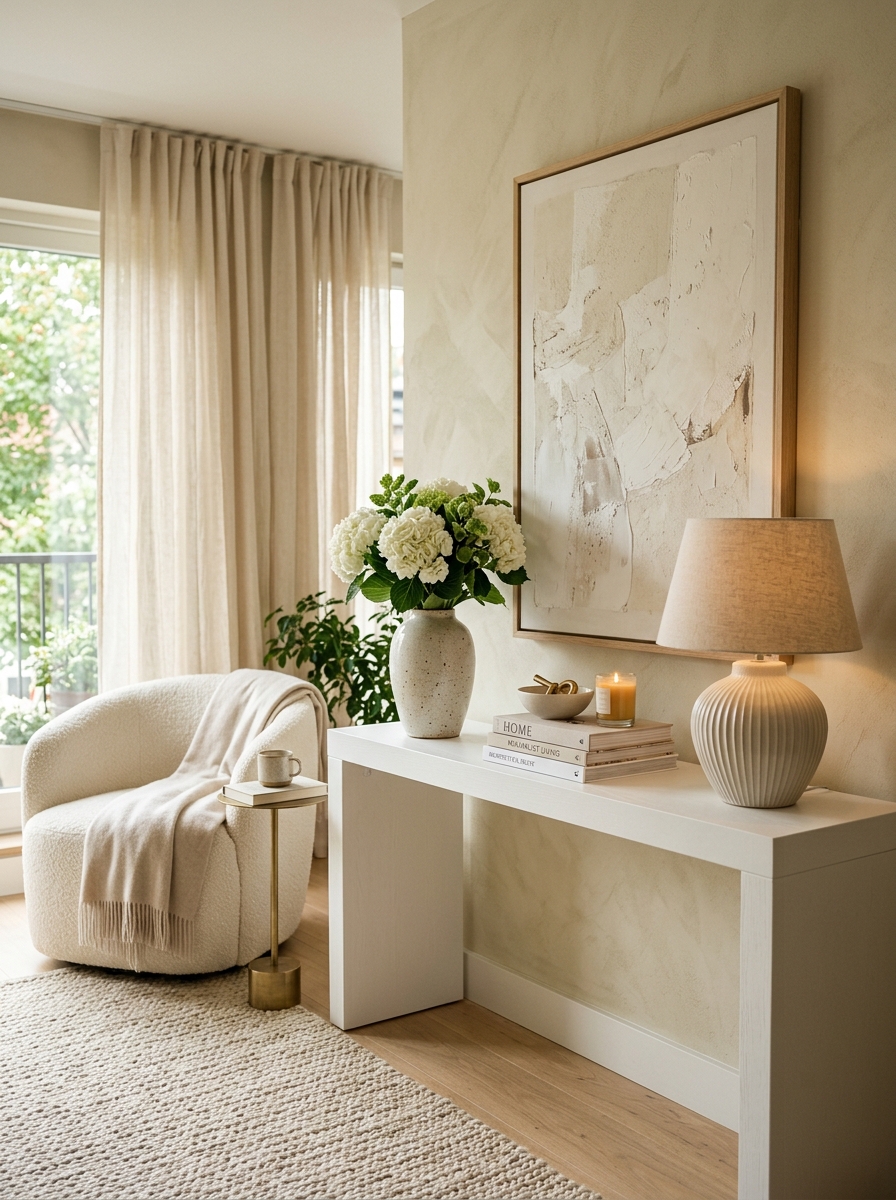 Elegant White Console Table with Layered Neutral Decor