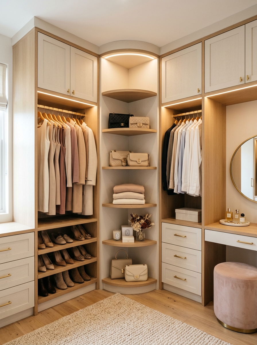 Soft Feminine Corner Wardrobe with Balanced Zoning