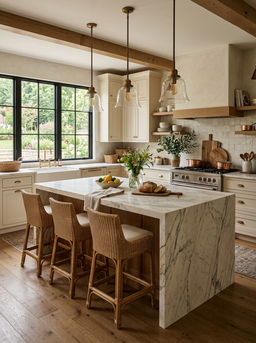 Cozy Farmhouse Kitchen With A Large Statement Island