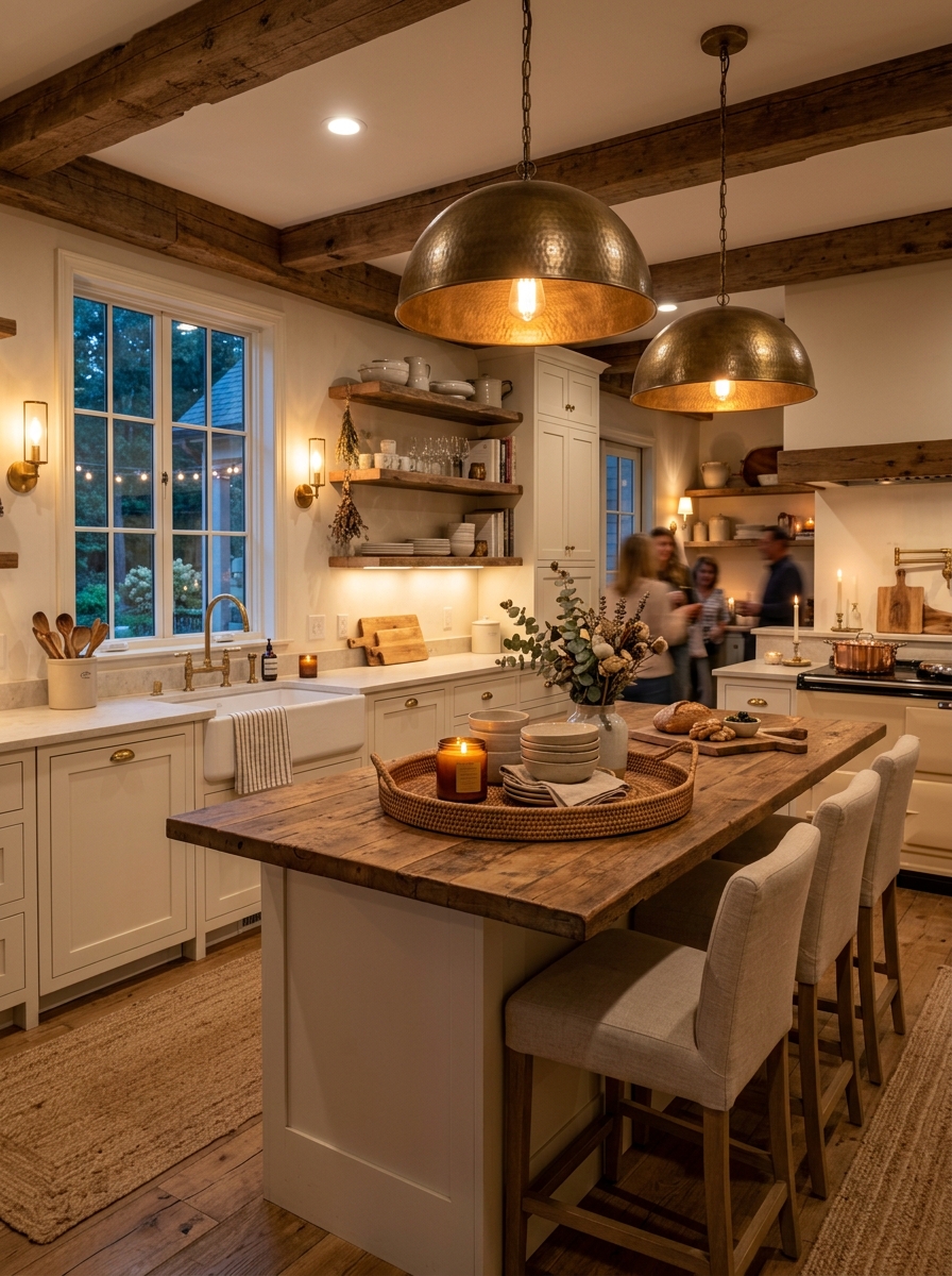 Cozy Farmhouse Kitchen With Layered Warm Lighting