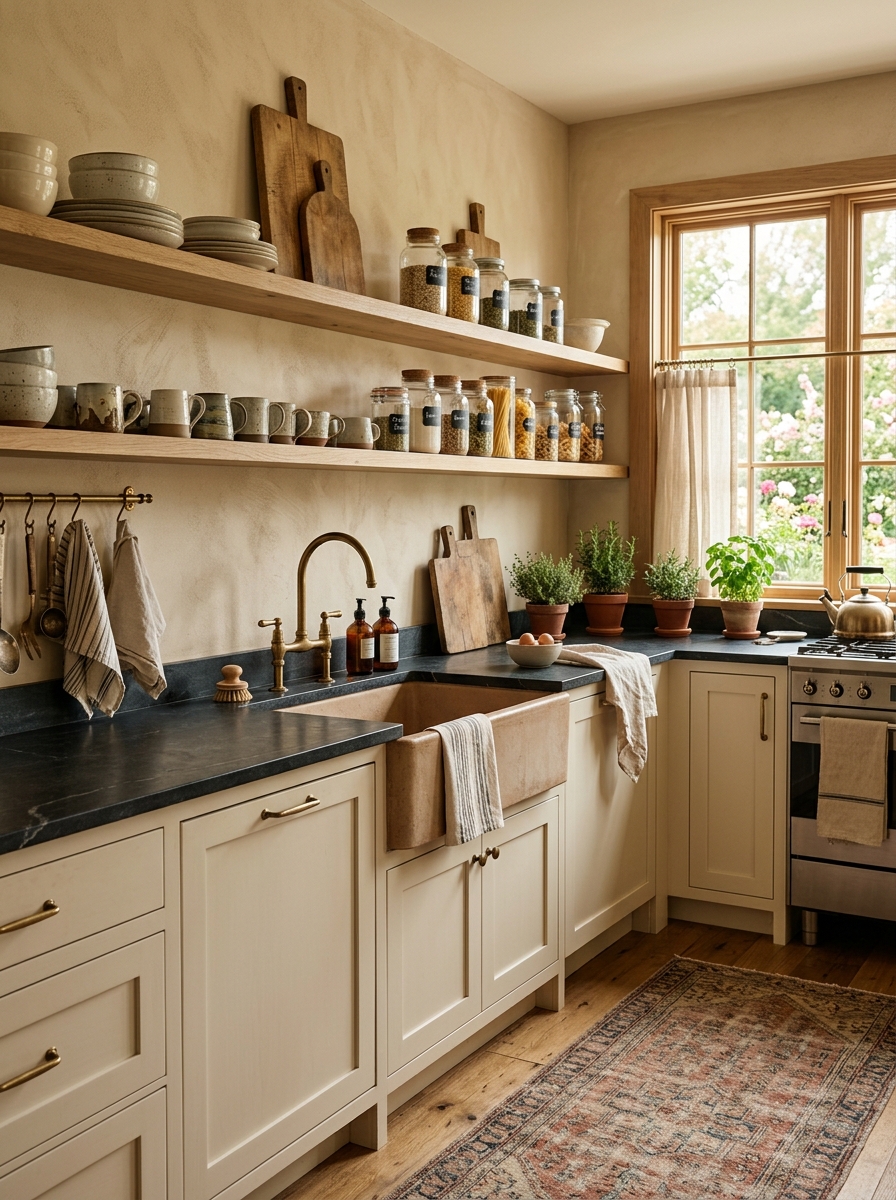 Cozy Farmhouse Kitchen with Open Shelving and Vintage Charm