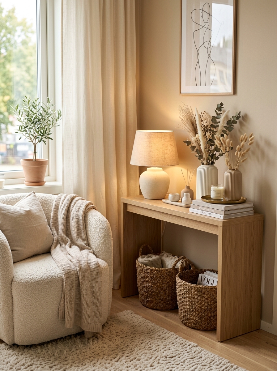 Cozy Apartment Console Table with Warm Lighting and Layered Textures