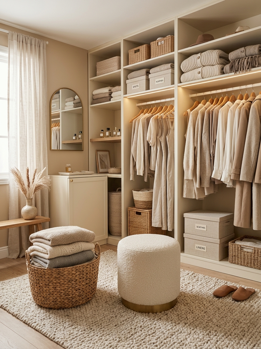 Cozy Feminine Closet with Soft Beige Textures