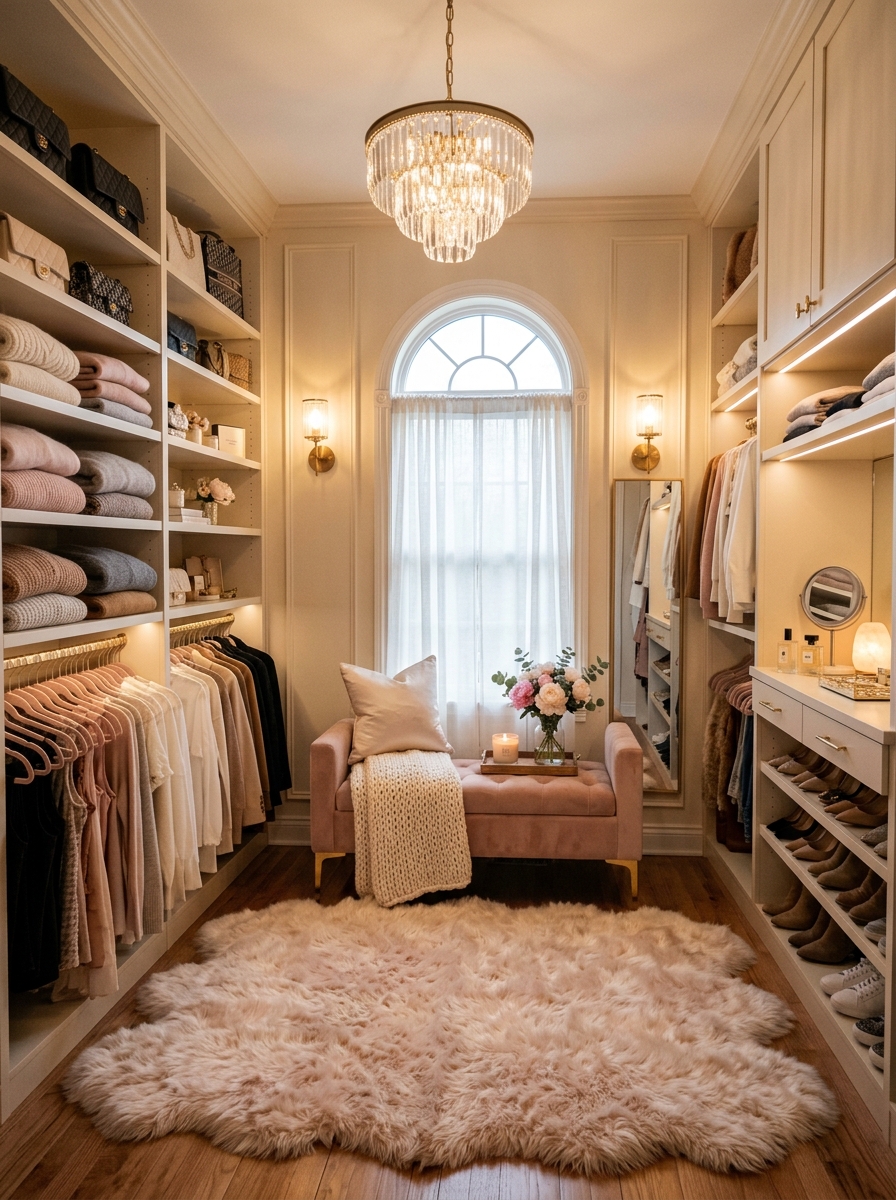 Cozy Feminine Closet with Warm Lighting