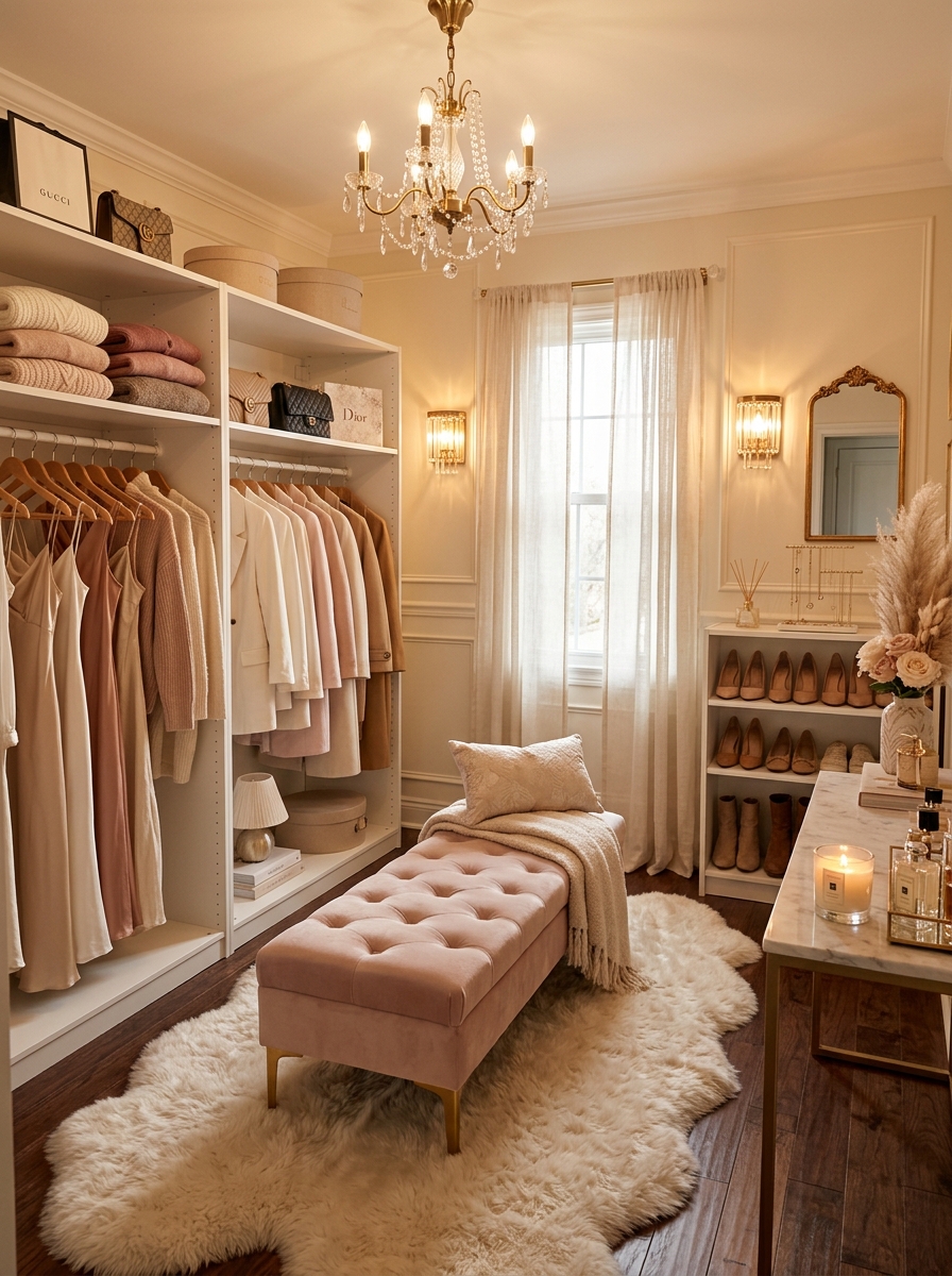 Cozy Feminine Closet with Warm Lighting