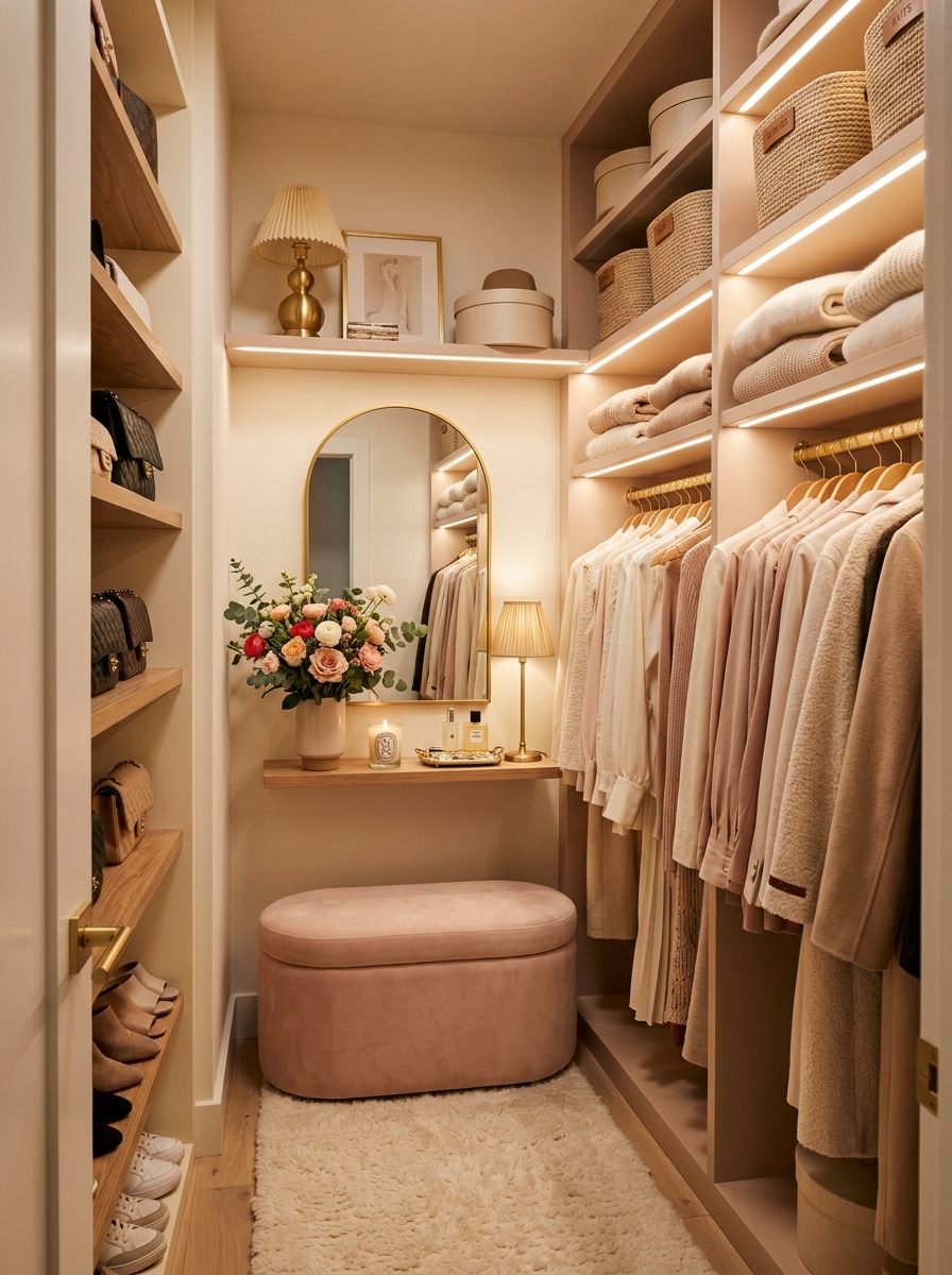 Cozy Feminine Closet with Warm Lighting and Texture