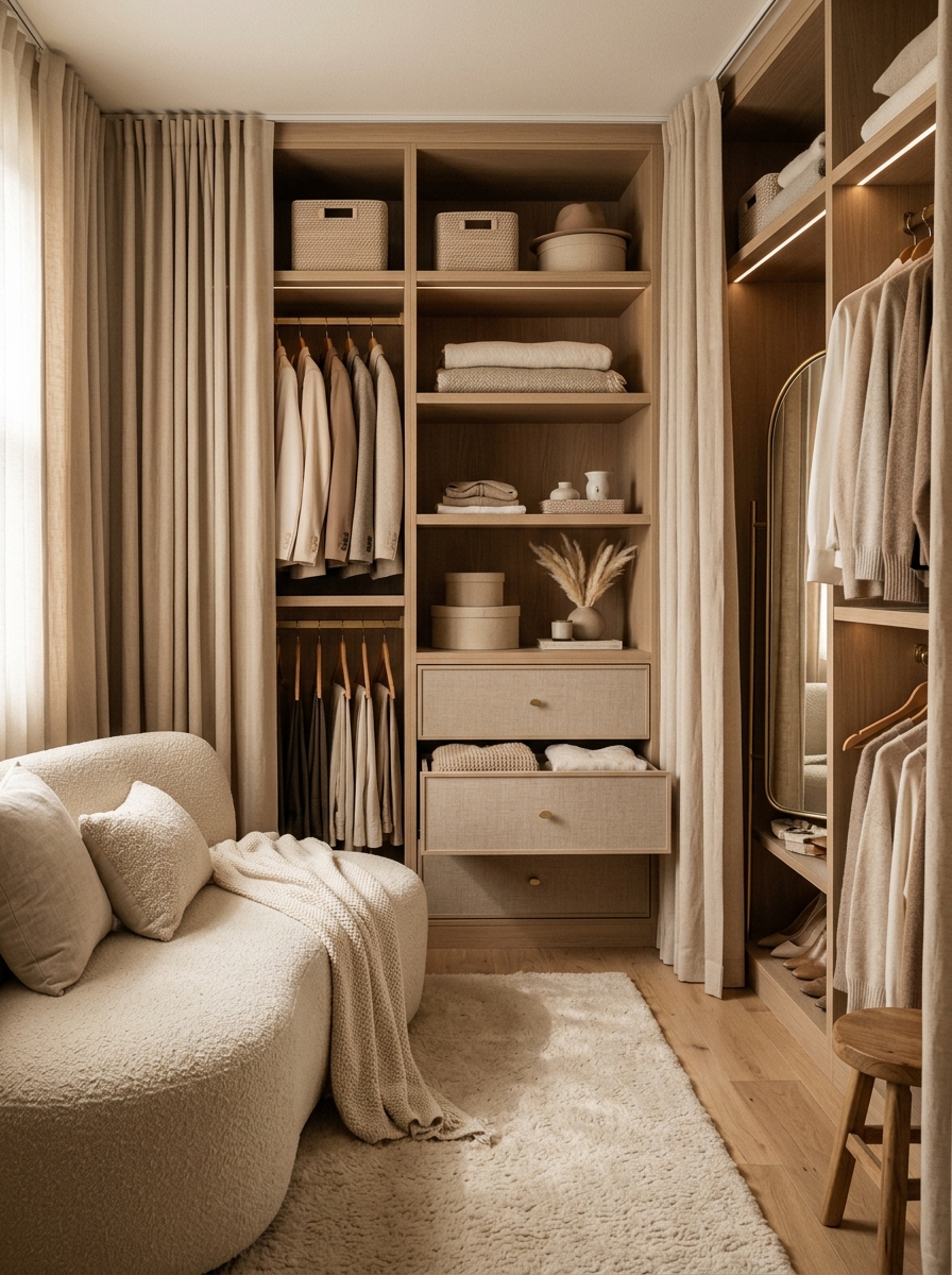 Soft Luxury Walk-In Closet with Textile Focus & Layered Fabrics