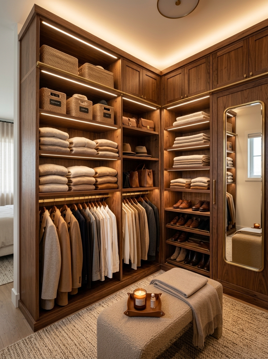 Cozy Luxury Closet with Wood and Soft Lighting