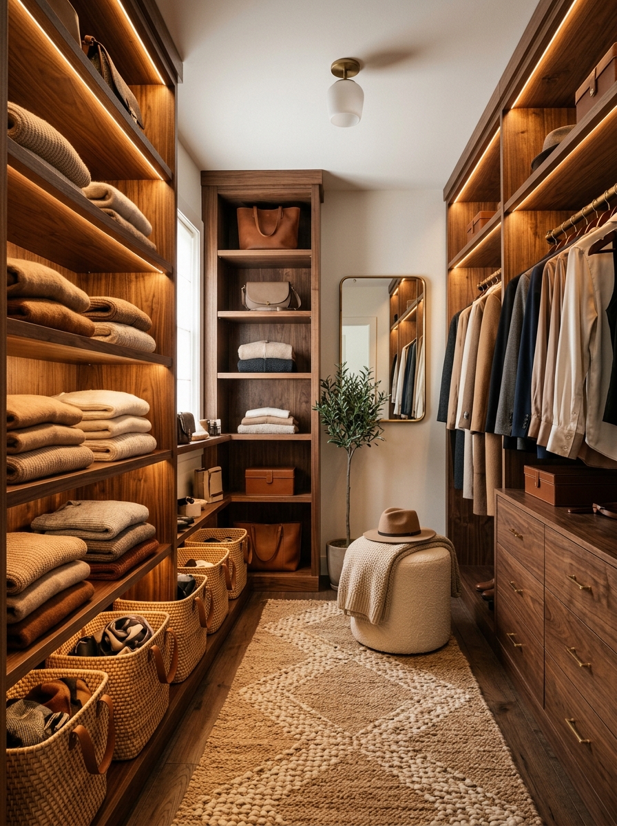 Cozy Luxury Closet with Wood and Soft Lighting
