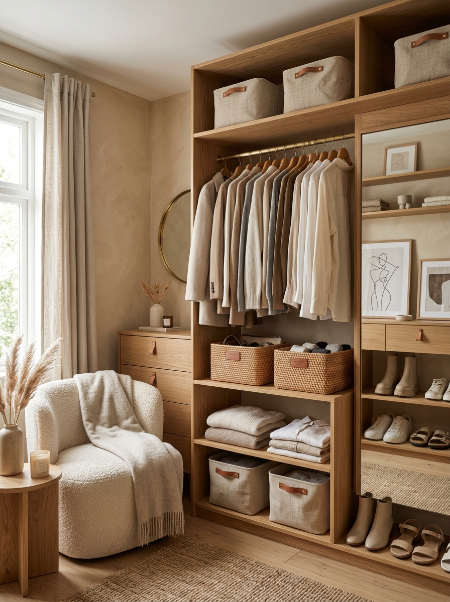 Cozy Minimalist Closet with Natural Wood Elements