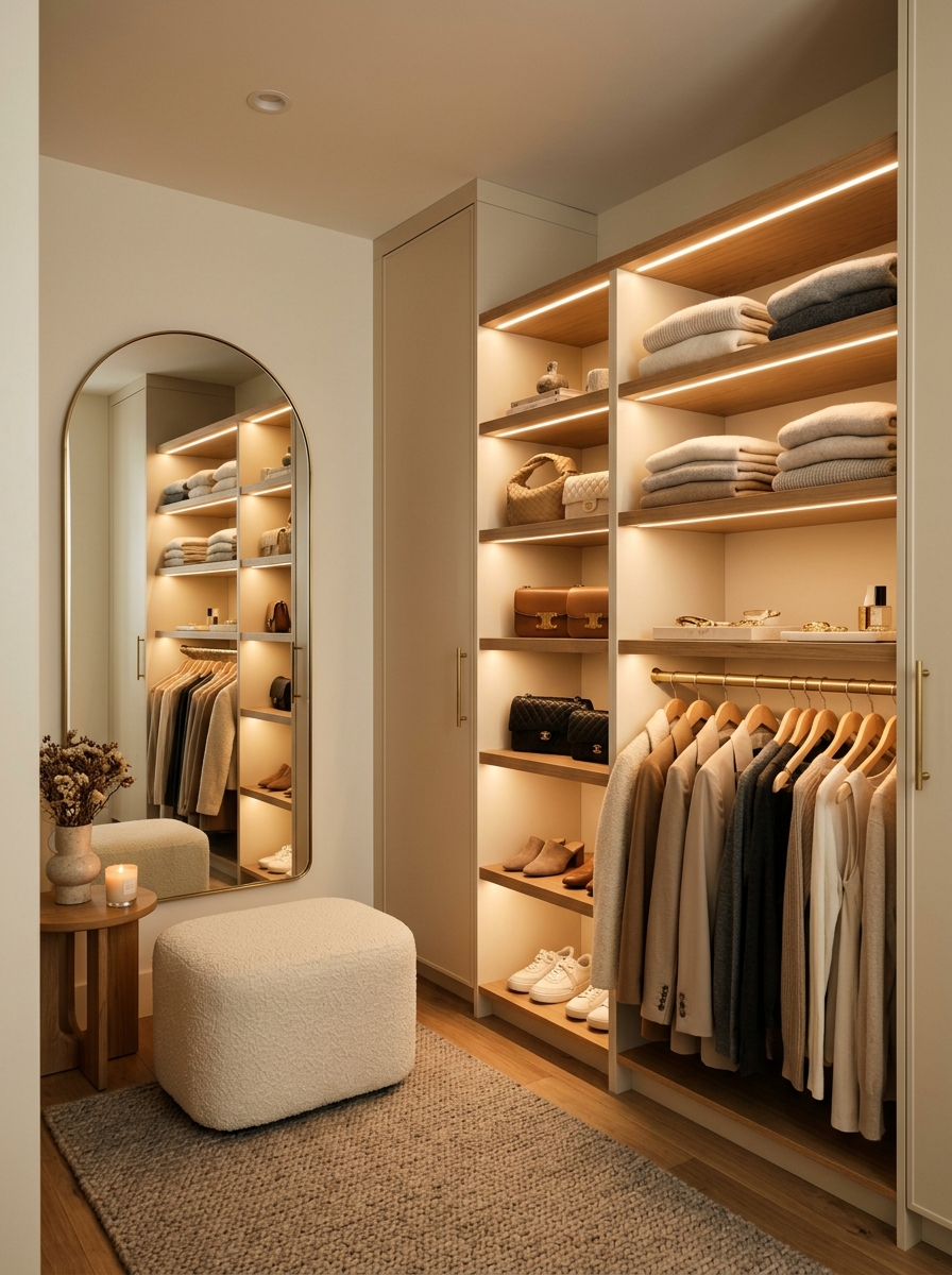 Cozy Neutral Closet with Soft Ambient Lighting