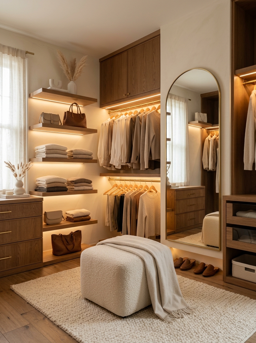 Cozy Neutral Closet with Soft Ambient Lighting