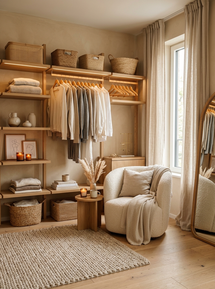 Cozy Minimalist Closet With Soft Lighting and Textured D&eacute;cor