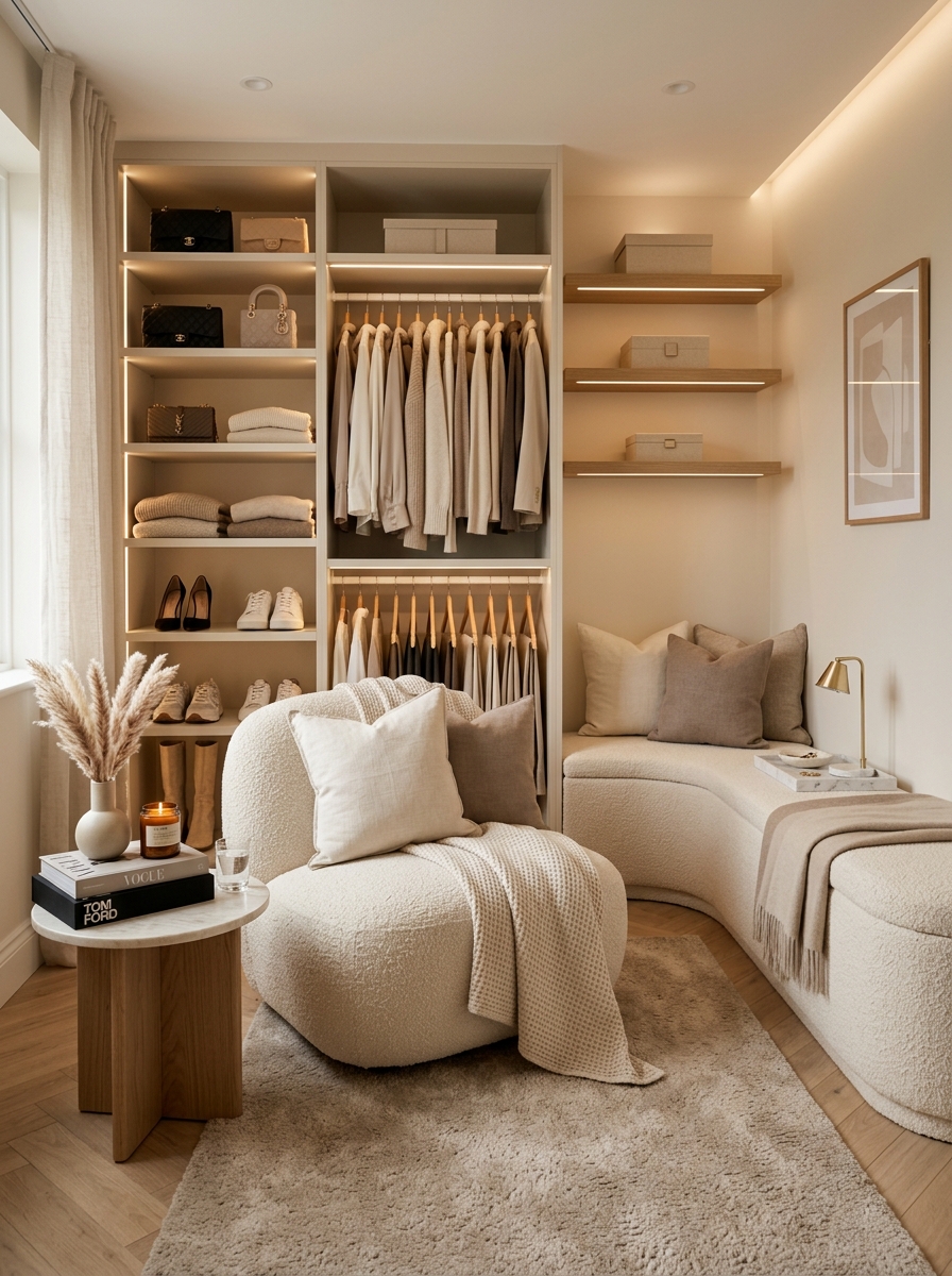 Neutral Closet with Cozy Seating Nook