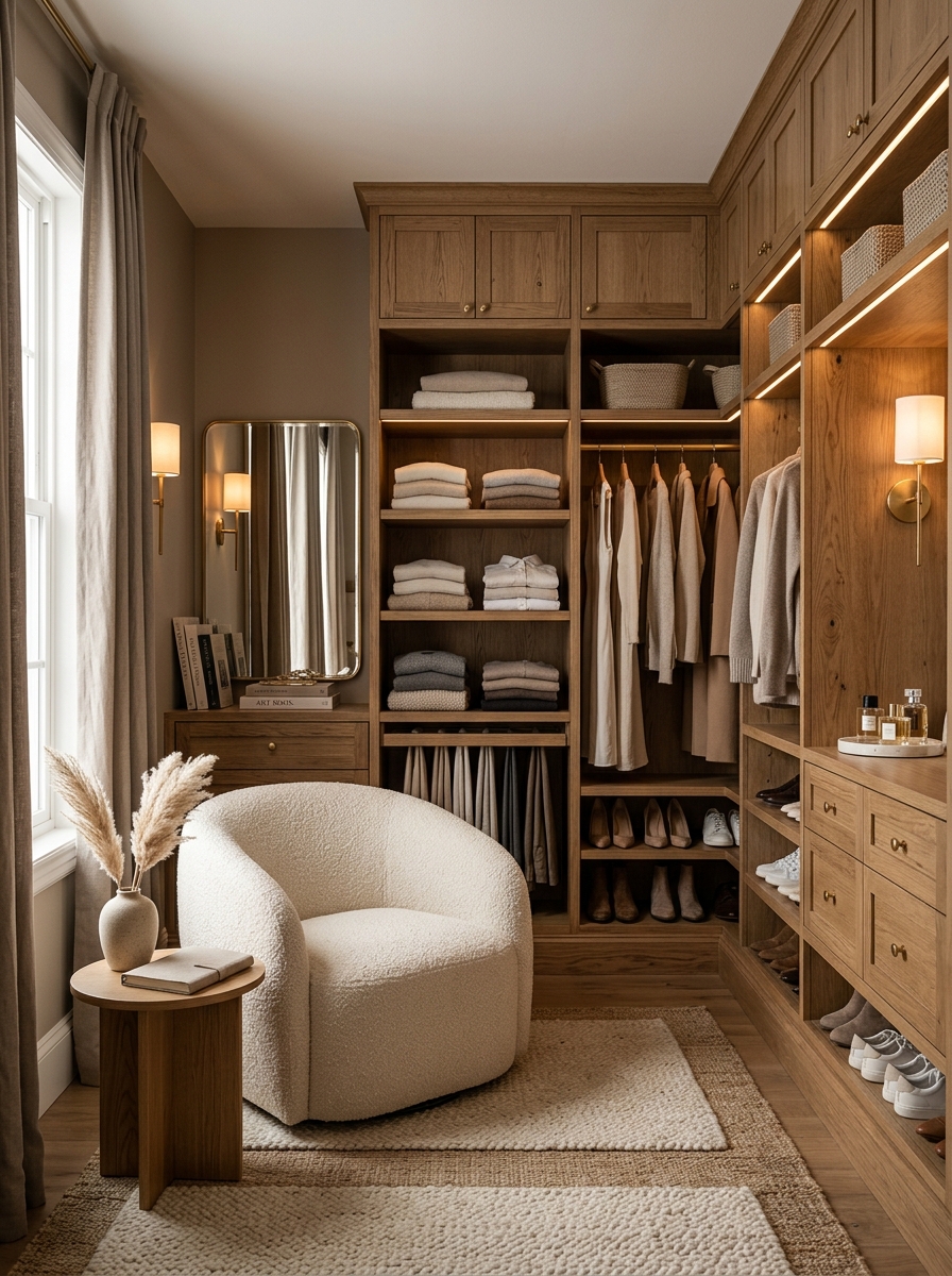 Cozy Neutral Closet with Soft Textures and Layered Lighting
