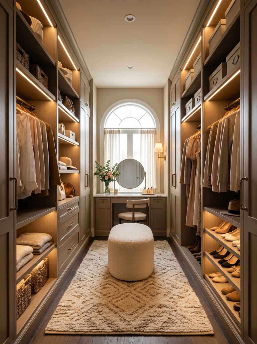 Cozy Neutral Closet with Layered Warm Lighting