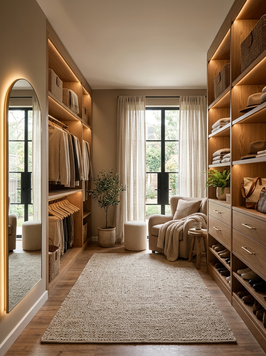 Cozy Walk-In Closet with Natural Wood and Soft Ambient Lighting