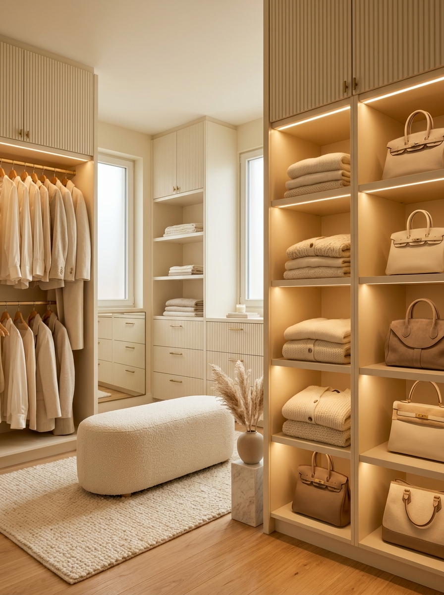 Monochromatic Cream Closet with Soft Hotel-Inspired Luxury