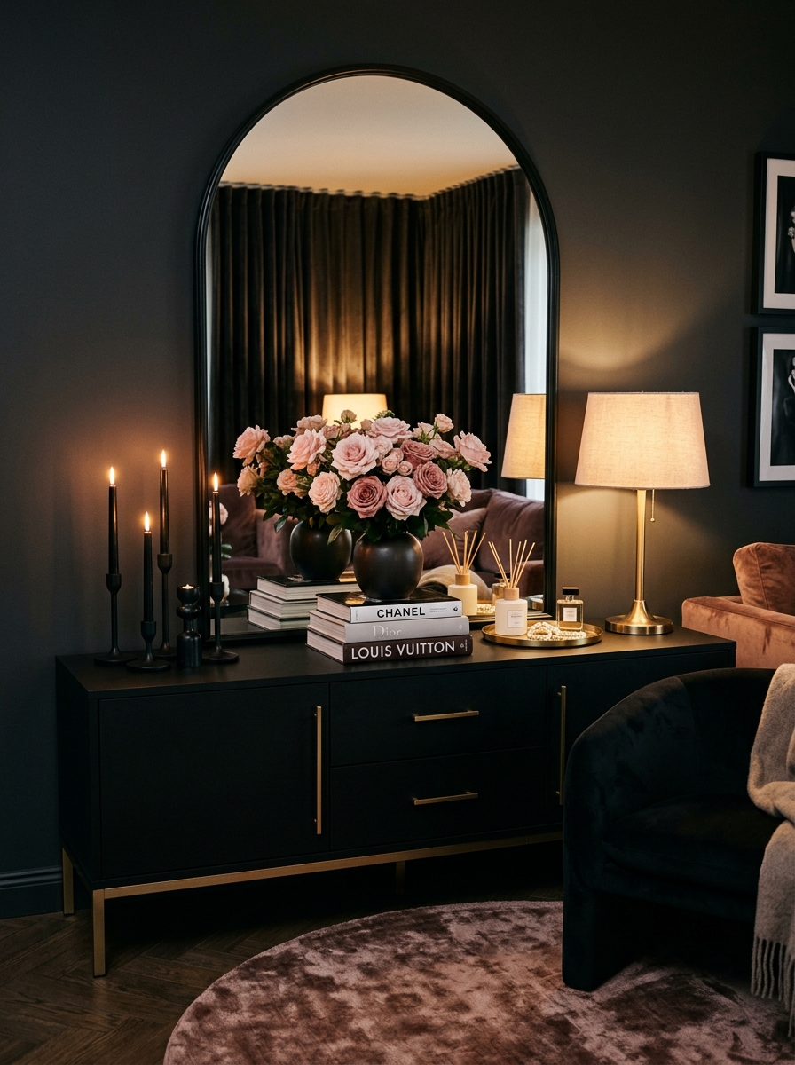 Chic Black and Blush Console Table for a Dark Feminine Look