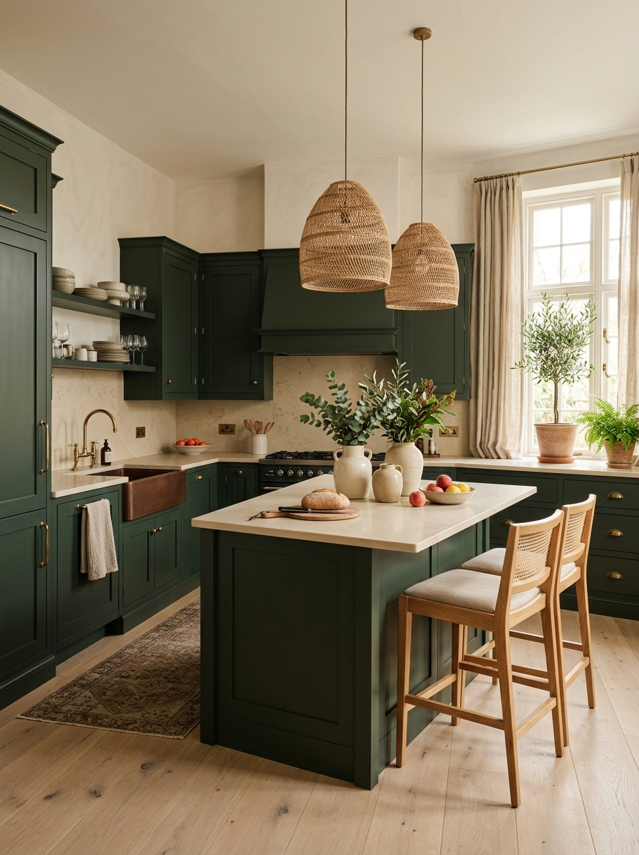Timeless Dark Green Kitchen With Soft Neutral Styling