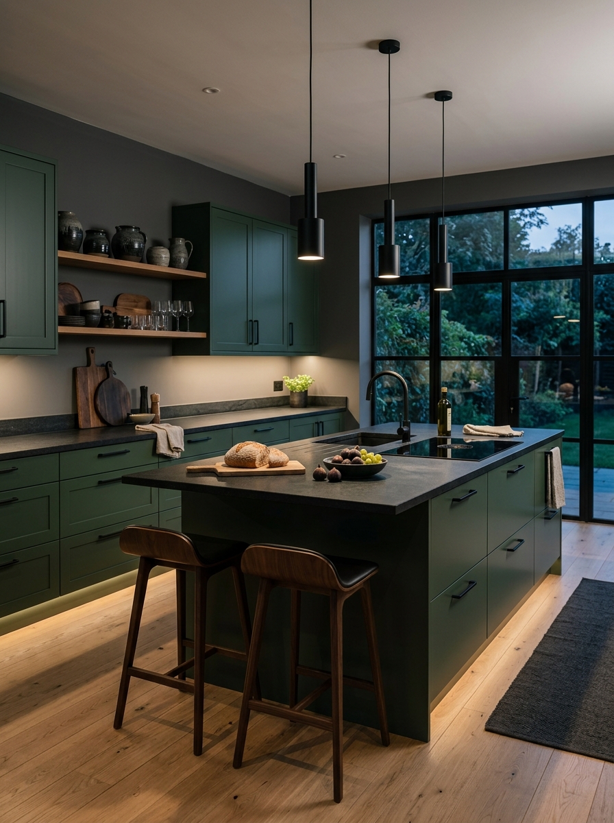 Dark Green Kitchen With Matte Black Accents