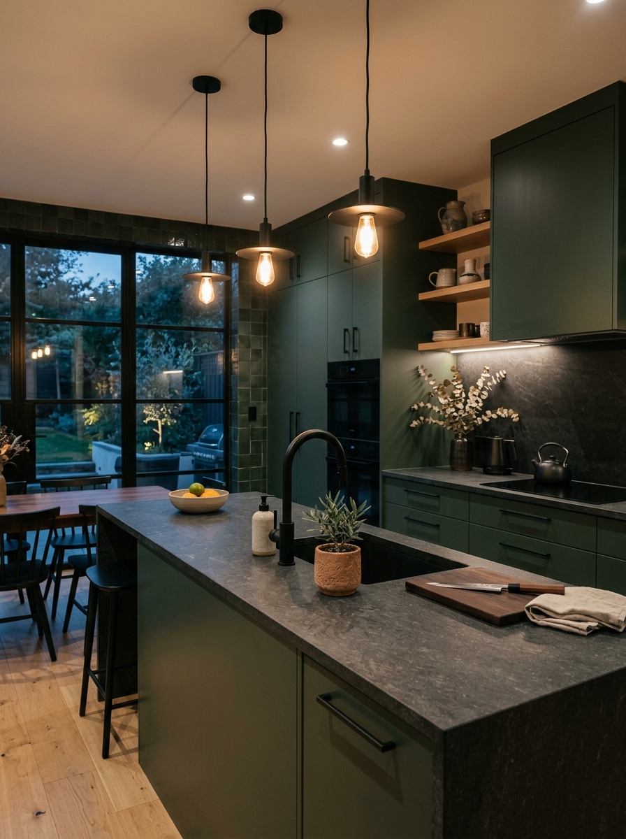 Dark Green Kitchen With Matte Black Accents