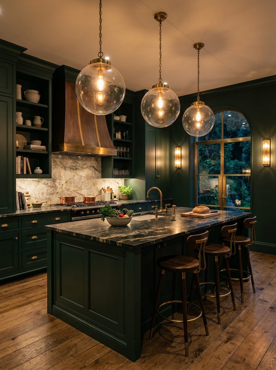 Dark Green Kitchen With Dramatic Lighting Features