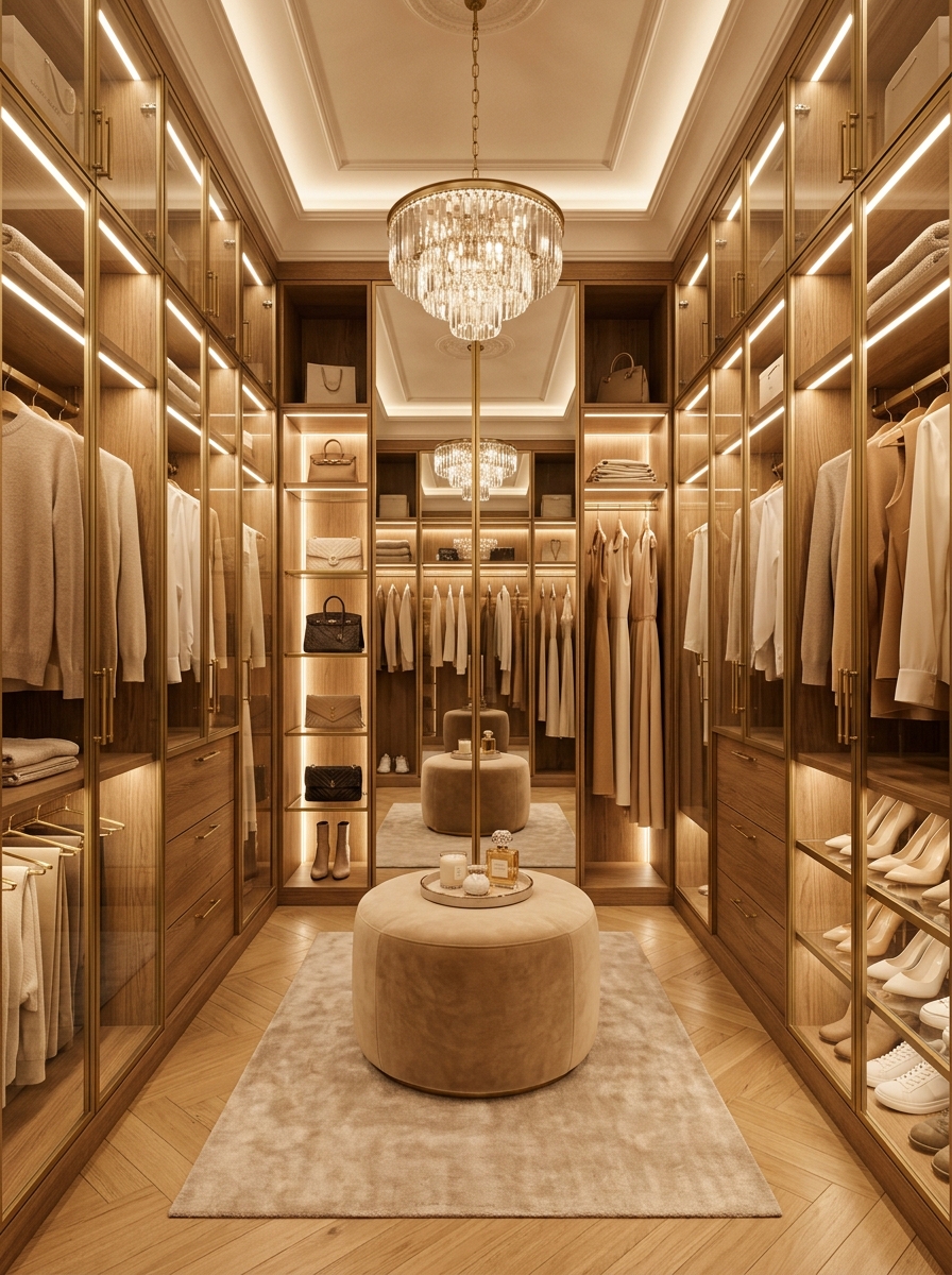 Dreamy Symmetrical Closet with Warm Golden Glow