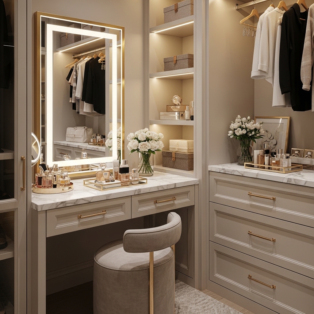 Sophisticated Closet With a Built-In Vanity Corner