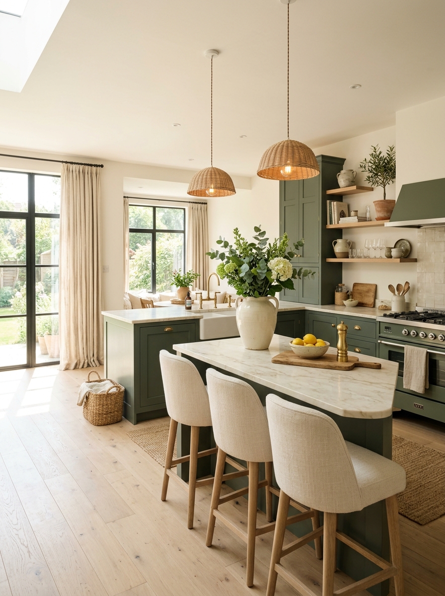 Deep Green Kitchen With Natural Light and Soft Cream Details
