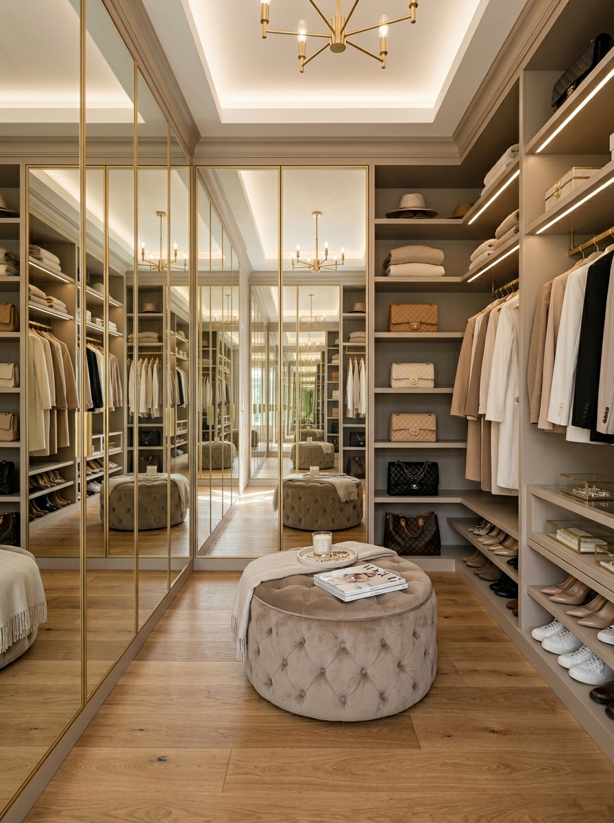 Elegant Neutral Closet with Full-Length Mirror Wall