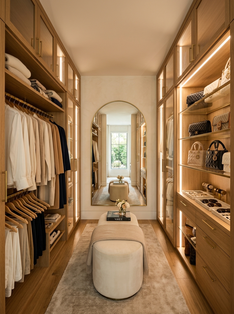 Elegant Glass-Front Closet with Warm Wood Accents