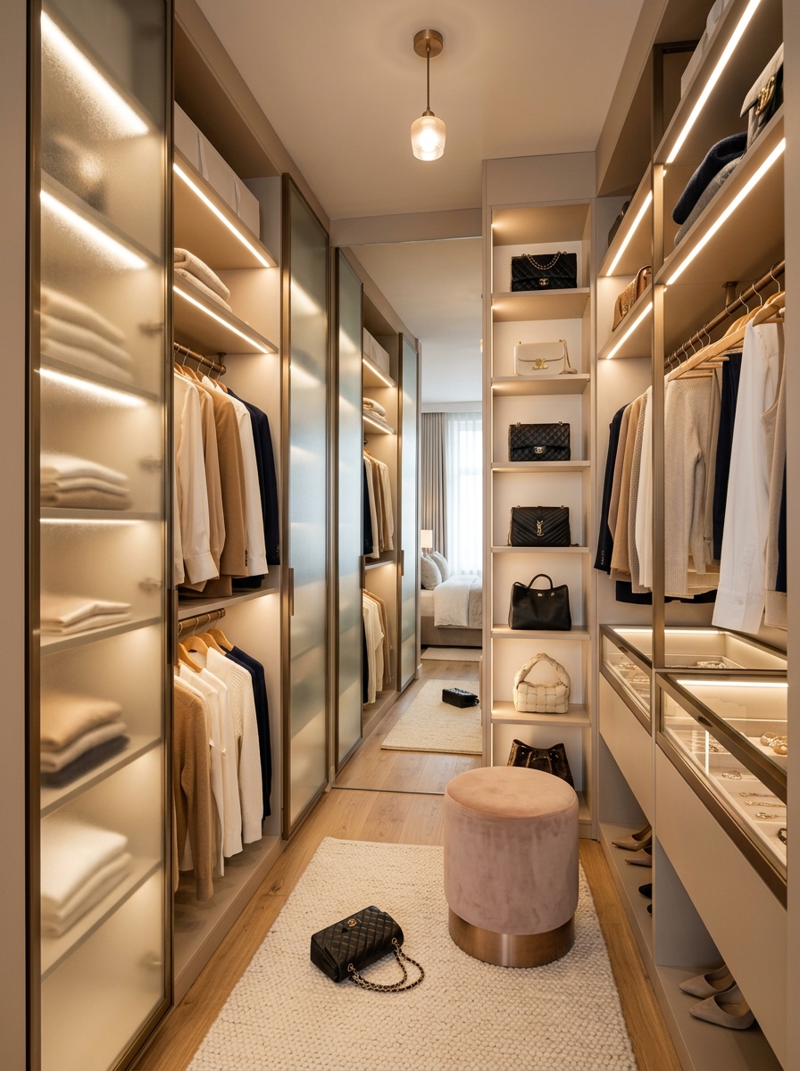 Elegant Glass Door Closet with Hidden Warm Lighting