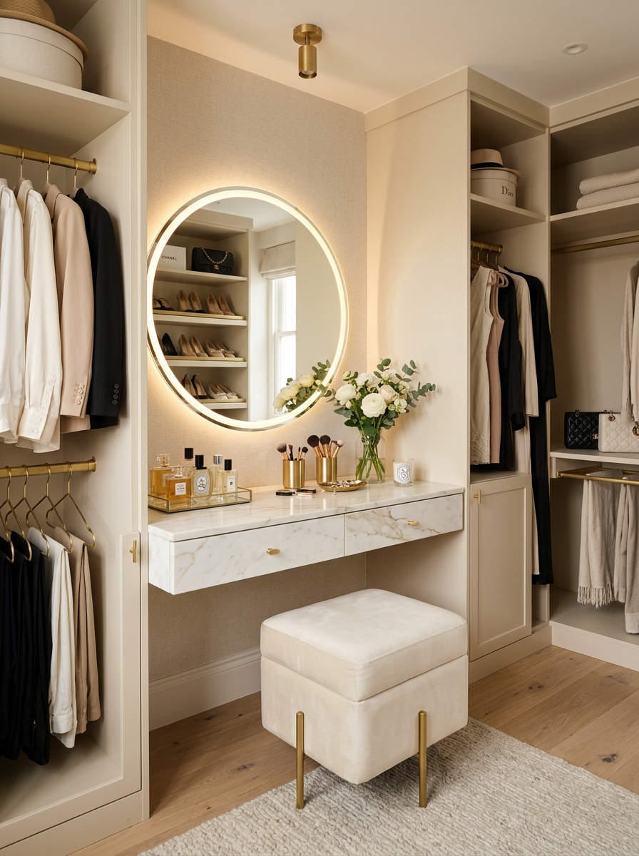 Elegant Closet with a Built-In Vanity Corner