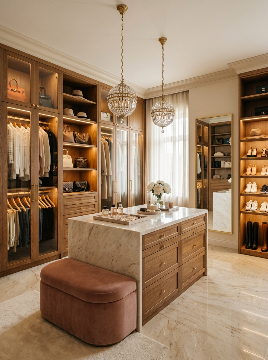 Elegant Walk-In Closet with Warm Wood and Marble Accents