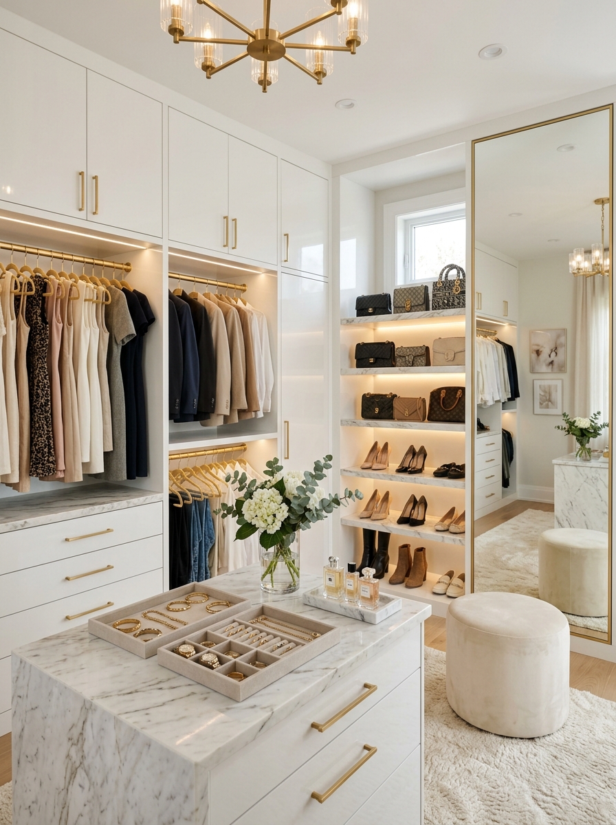 Elegant White Closet with Marble Accents
