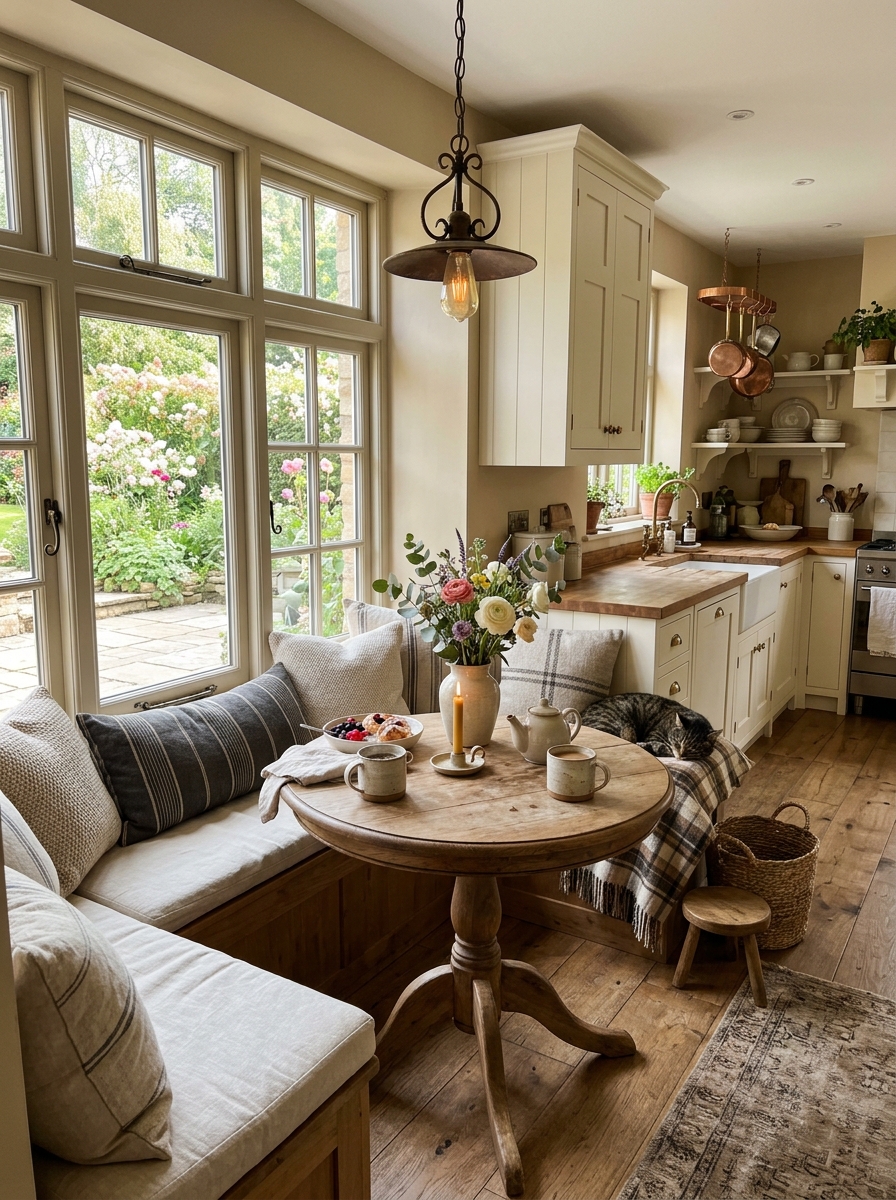 Farmhouse Kitchen With Cozy Breakfast Nook Seating