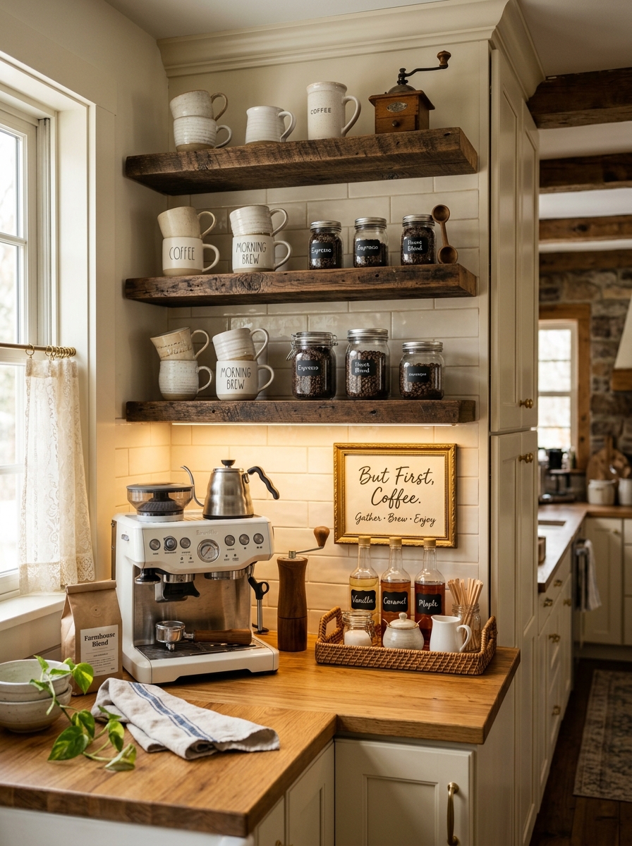 Farmhouse Kitchen with Cozy Coffee Station Corner