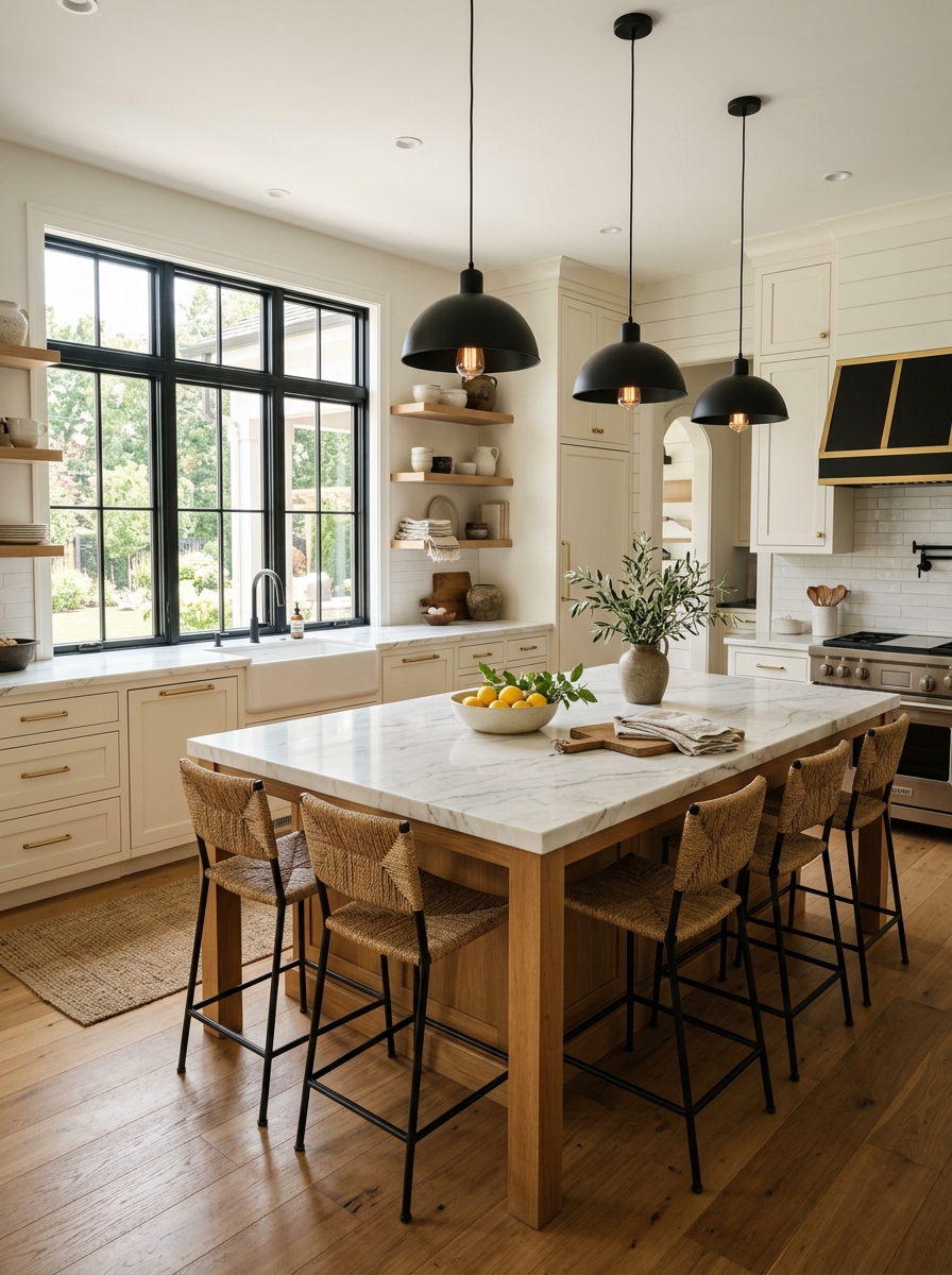 Modern Farmhouse Kitchen With Black And Neutral Contrast